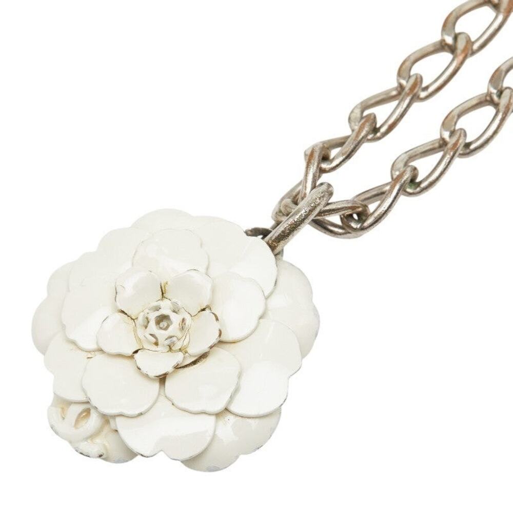 Chanel CC Logo Camellia Motif Necklace 04P Silver White